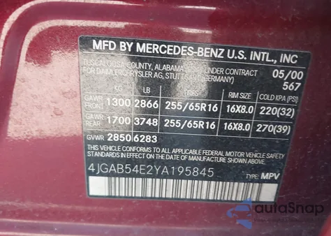 2000 Mercedes-Benz Ml 320 z USA, uszkodzony, nr VIN 4JGAB54E2YA195845